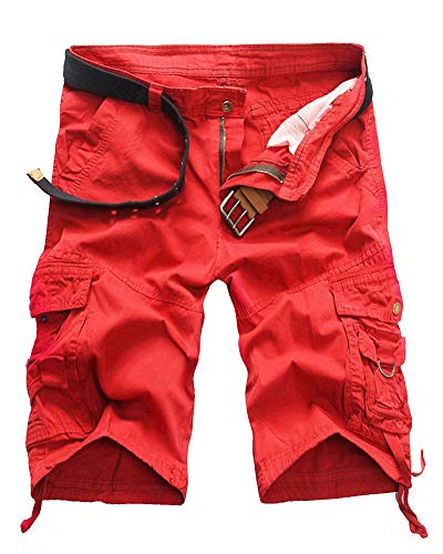 Pantalones Cortos de Trabajo para Hombre Cargo Shorts Multibolsillos Bermudas Rojo 34