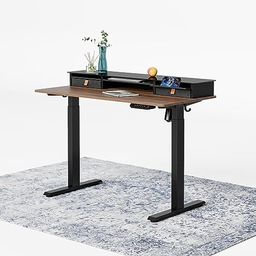 FEZIBOElectric Standing Desk with Double Drawers, 48 x 26 Inch Glass Top Monitor Stand, Adjustable Sit Stand Desk with Storage Shelf, Black Frame/Black Walnut Top