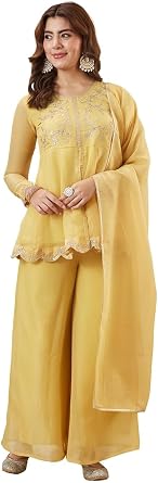 DREAMANGEL FASHION Womens Silk Embroidered Haldi and Wedding Kurta with Peplum Sharara & Dupatta