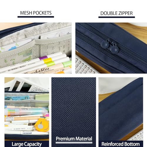 Image of Pencil Case Large Capacity Pencil Pouch Pen Bag with Extendable Big Compartment, Double Zipper Pencil Pouch School Office Stationery Organizer Bag for Girls Boys Teen Adults Men Women (Navy Blue)
