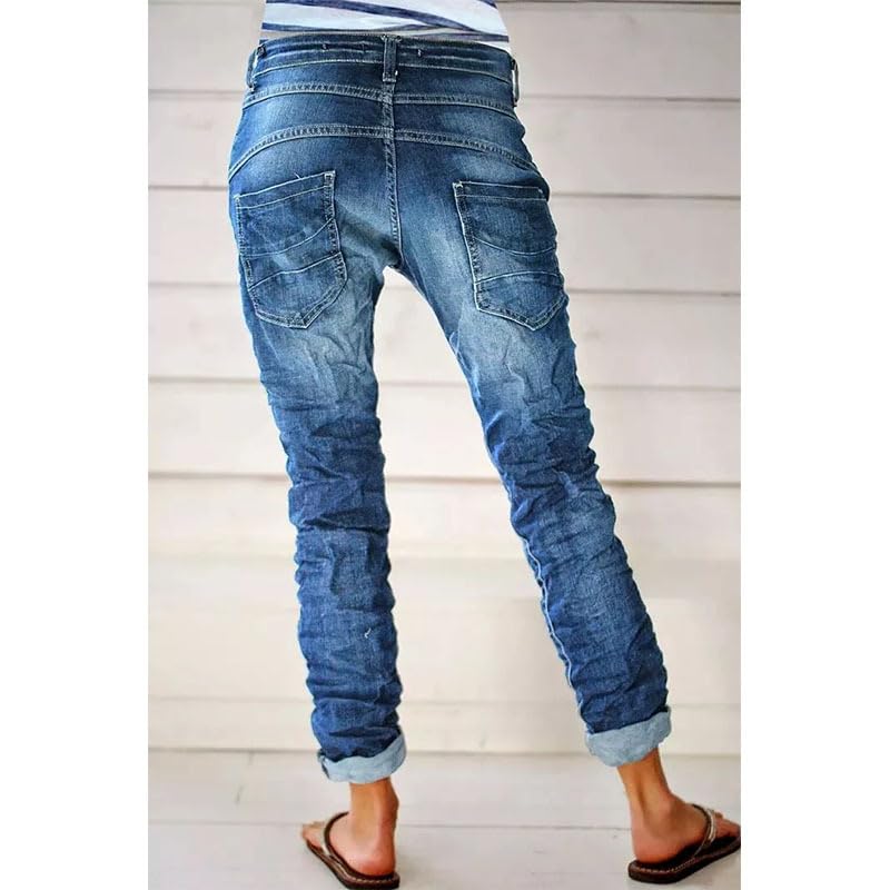 Akivide Women High Waist Jean Casual Loose Baggy Straight Leg Boyfriend Slouchy Button Fly Roll Hem Denim Pants4
