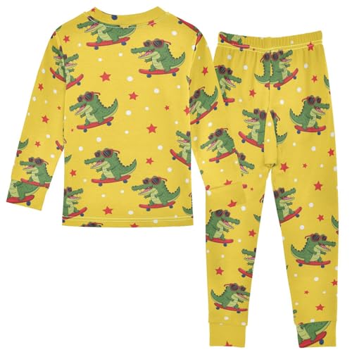 Pajama Sets Long Sleeve Crocodile Surfing Yellow Background Soft Comfy Sleepwear 2 Piece PJS 3-8T3