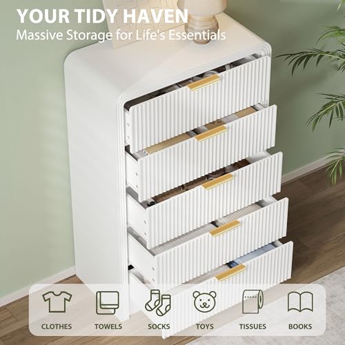 Image of Decofy Fluted 5 Drawers Dresser, 48 inch Tall Modern Chest of Drawers with Round Edge & Metal Handle, Wood Drawer Organizer for Living Room, Bedroom, Entryway, Hallway (White)