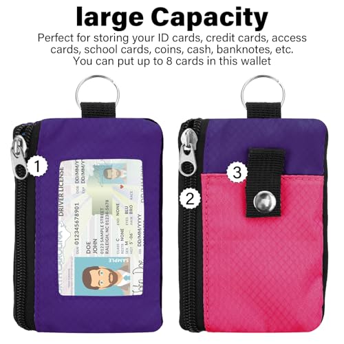 Image of Minimalist RFID Wallet with Lanyard, Multi-functional ID Case with 2 Zipper Pockets and Key Chain for Men and Women, Tactical Badge Pouch Cards Holder, Coin Purse for Travel Sports - Purple&Rose