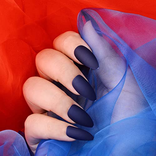 Umillars 24pcs Matte Pure Color Stiletto Nails False Gel Nails Art Tips Sets Full Cover Medium Almond Shape Acrylic Fake Nail Tips Gel (Matte navy blue)