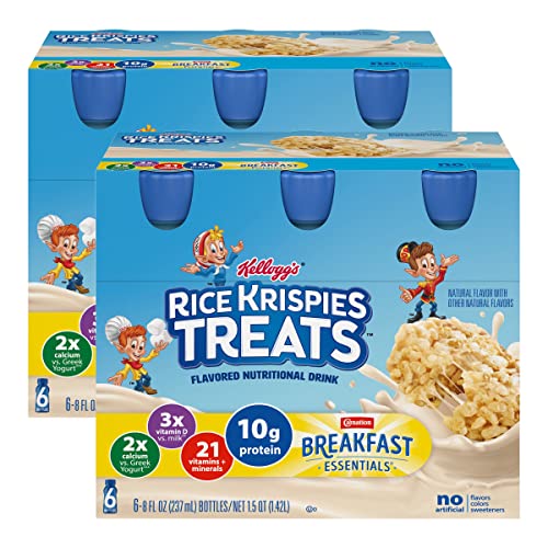 Carnation Breakfast Essentials Kellogg’s Rice Krispies Treats Flavored Nutritional Drink with Protein, Vitamins & Minerals, Calcium & Vitamin D, 6 CT Bottles, 8 FL OZ Each (Pack of 2)