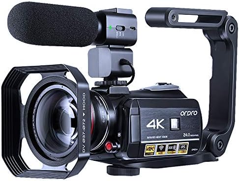 4K Camcorder Video Camera ORDRO HD 1080P 60FPS Vlog Camera Recorder IR Night Vision and WiFi Camcorder with Microphone, Wide Angle Lens, Lens Hood, Camera Handle and 2 Batteries