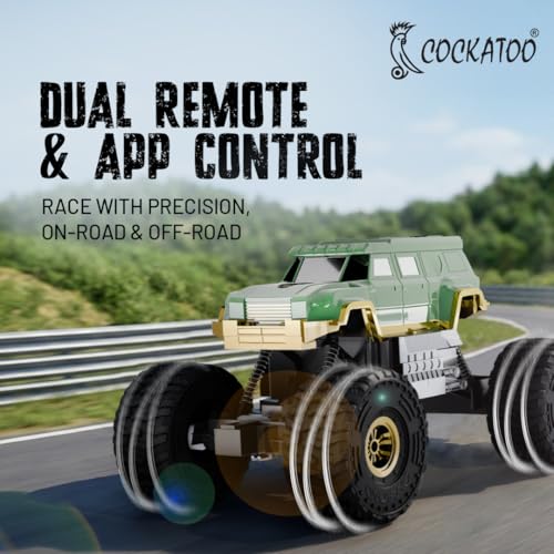 Image of Cockatoo-Kids Trailblazer 2WD Rechargeable Remote Control Car with App & Remote, Off-Road Monster Truck Toy for Boys Girls, Nitro Boost, Shock Absorber, Bluetooth Speaker, Fast USB Charging, Green