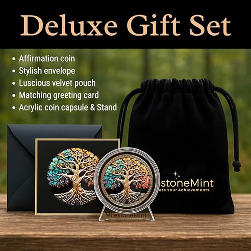Image of MilestoneMint Affirmation Sobriety Coin Tree of Life Gift Set | Anniversary Sobriety Gifts for Men & Women | AA Coins and Medallions with Token Capsule, Stand & Card | 3D Texture, Recovery AA Chips