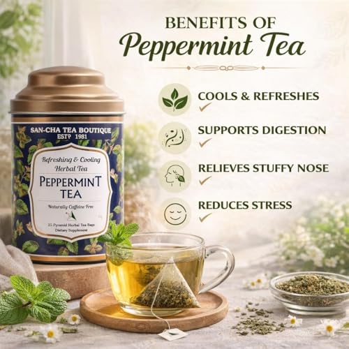 Image of Sancha Tea Boutique, Peppermint Herbal Infusion, 25 Pyramid Tea Bags | 100% Caffeine-Free Mint Tea for Relaxation & Stress Relief | Refreshing Herbal Infusion in Tin Caddy