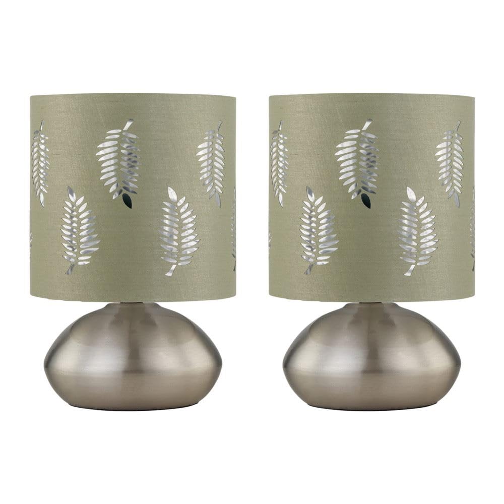 Firstchoicelighting Satin Nickel & Sage Green Set Of 2 Brushed Chrome Touch Operated Table Lamps Or Bedside Lights, Modern Design, Height 22Cm, Sage Fern Shade, Led Compatible