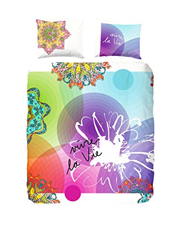 Hip Satin Vivant bettwäsche,weiß mit farbigen Figuren und Text, 100% Baumwolle/Satin-135x200cm, Multi Colour, 200x135x0.5 cm