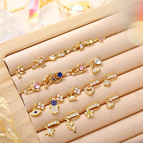 Junkin 18 Pcs 20g Nose Rings Dangle for Women Nose Piercings L Shaped Stud Hoop Cute Star Heart Round Jewelry Dangle Studs Rings for Mother Wife Friend Gifts(Gold)2