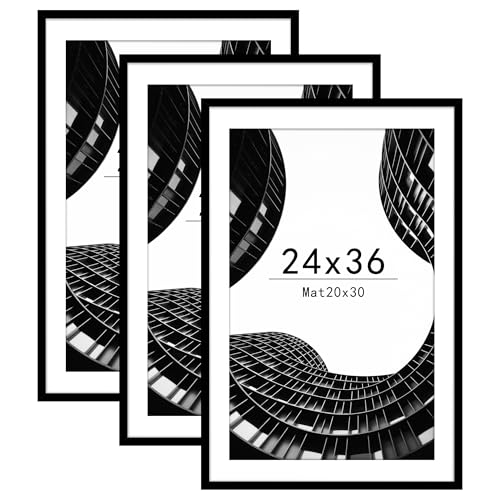 Abtgt 24x36 Poster Frame Set of 3, Display Pictures 20 x 30 with Mat or 24 x 36 Without Mat, Picture Frame for Wall Mounting Display, Black