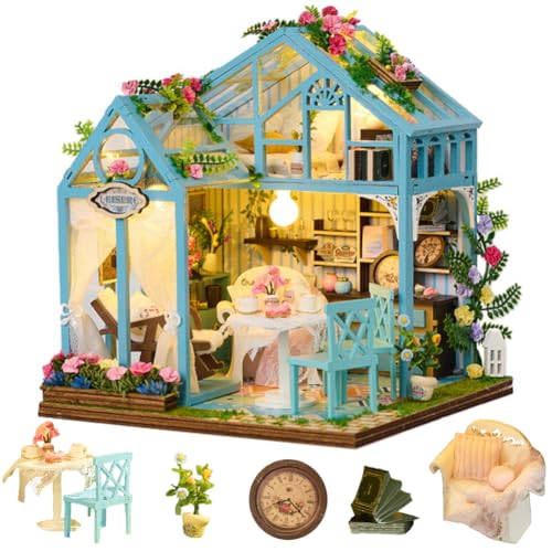 Vintage European Style DIY Dollhouse Kit, Afternoon Tea Theme Wood Dollhouse Miniature, Glass Flower House Creativity Valentine's Wedding/Birthday/Graduation Gift Gift