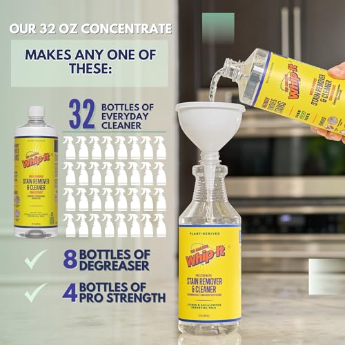 whip-it stain remover and concentrate kit 2-32oz concentrates amp 1-32 oz pro spray stain remover makes 64 bottles removes coffee wine baby stains pet stains plant based enzyme cleaner 500 uses