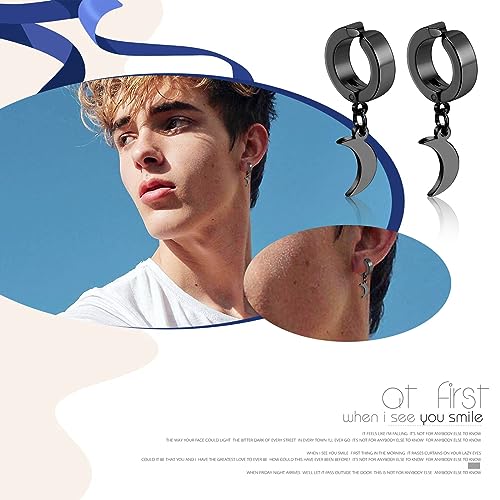 Black Hinged Earrings Hoop-Clip On Moon Dangle Hoops-Stainless Steel Punk Earrings Jewelry for Women Men3