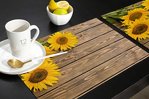 Artshowing Set Of 4 Placemats Heat-Resistant For Dining Table Linen Table Mats Sunflower Rectangle Pad Placemat 12 X 18 Inch - Sunflowers On The Wooden Plank Summer Garden Photo #TOP4