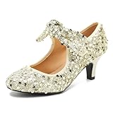 LIURUIJIA Women's Sequin Low Kitten Heels with Bow Mary Jane Dress Shoes Comfortable Vintage Dance Wedding Pumps Gold Sequin 6