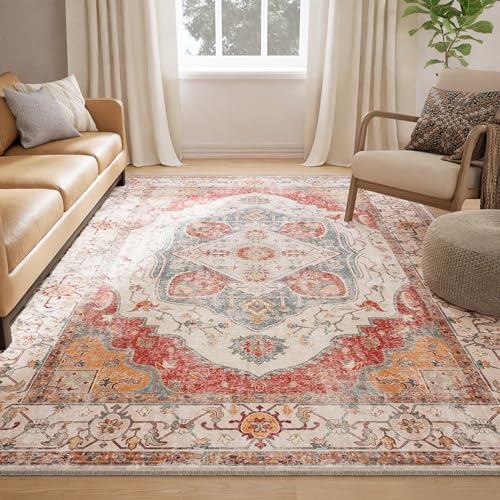 5×7 Area Rugs Machine Washable 5×7 Rug Low Pile Carpet No Shedding Area Rugs for Living Room Bedroom Dining Room Kitchen Entrance Indoor-Brick/Pink
