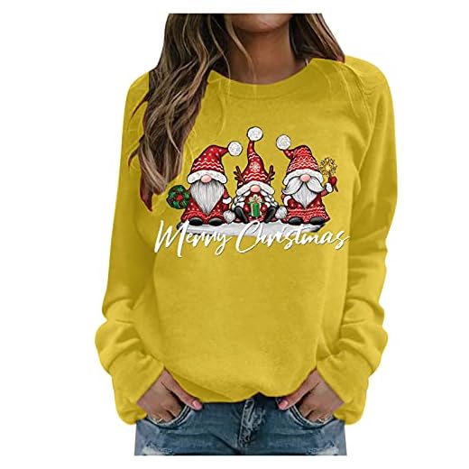 ASDFS Italienskt mode damtröja sweatshirt god jul rund krage långärmad tryck lätt topp tröja glitter dam, GUL, 3XL