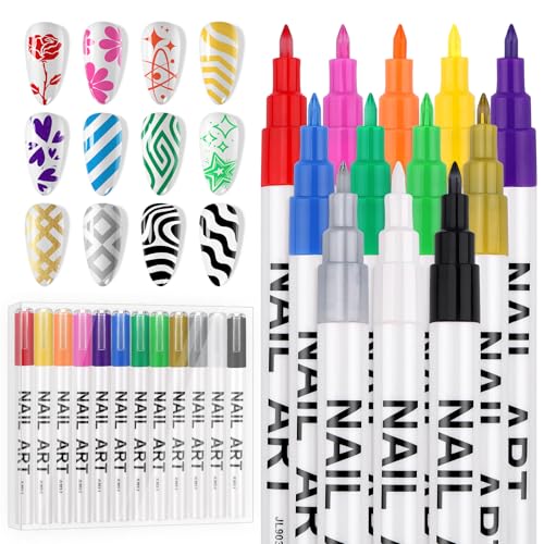 EBANKU 12 Colors Nail Art Pens Set, Nail Polish Pens Quick-Drying Nail Art Markers Acrylic Paint Nail Point Graffiti Dotting Liner Pen for DIY Nail Art Beauty Adorn Manicure Tools