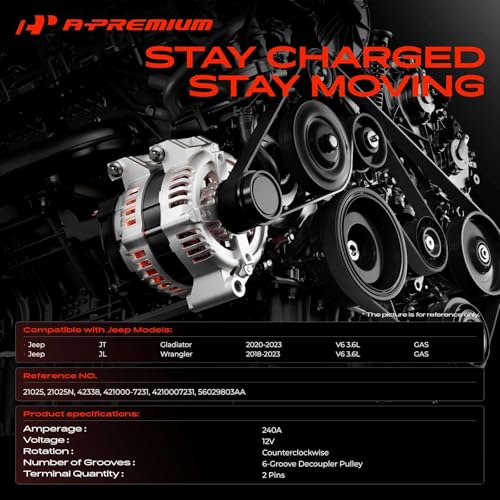 A-Premium Alternator Compatible with Jeep JL Series Wrangler 2018-2022 3.6L, JT Series Gladiator 2020-2023 3.6L, 12V 240A 6-Groove Decoupler Pulley Counterclockwise, Replace# 421000-7231 by A-Premium - Image 2