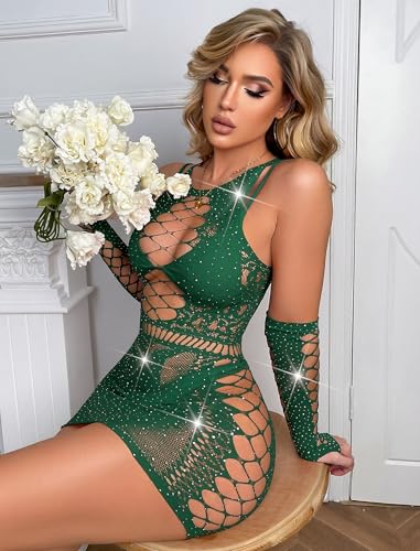Image of Avidlove Fishnet Lingerie Womens Mesh Chemise One Piece Babydoll Mini Dress Lace Sparkle Rhinestone Lingeries for Women