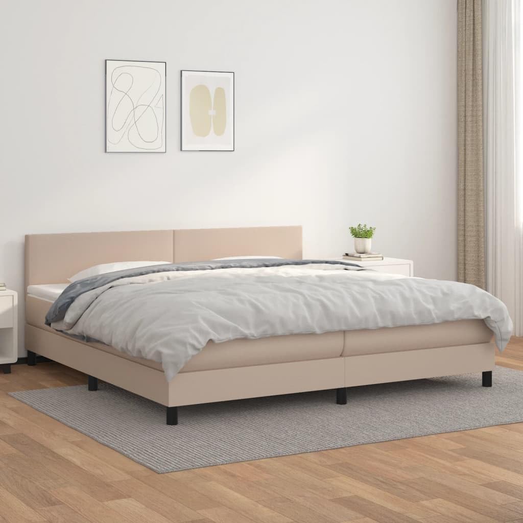 Łóżko kontynentalne ze sztucznej skóry, kolor cappuccino, 200 x 200 cm, w zestawie materac ze sprężynami kieszeniowymi, regulowany zagłówek, przyjazny dla skóry ochraniacz na materac