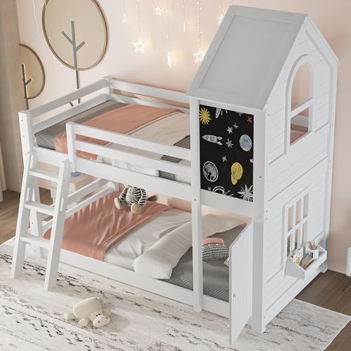 Yihomfy Lit superposé pour Enfant, avec Petite Porte et Tableau Noir, Jolies fenêtres et Toit, échelle à Trois marches inclinée, sommier à Lattes Robuste, Blanc, 90 x 200 cm