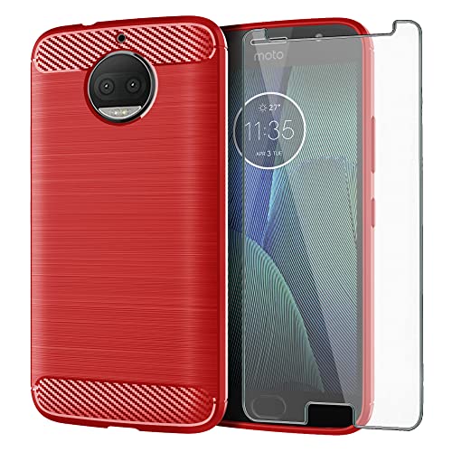 Asuwish Phone Case for Moto G5S Plus with Tempered Glass Screen Protector Cover and Slim Thin Soft TPU Film Cell Accessories Protective Motorola Moto G5S+ 5S G5Splus XT1803 Women Men Carbon Fiber Red