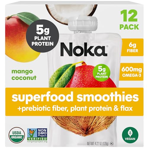 Noka Superfood Fruit Smoothie Pouches, Mango Coconut, Healthy Snacks with Flax Seed, Plant Protein and Prebiotic Fiber, Vegan and Gluten Free Snacks, Organic Squeeze Pouch, 4.22 oz, 12 Count
