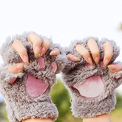 RackboneFleece-Handschuhe für Damen, Katzenpfotenhandschuhe, Kunstfell-Winterhandschuhe, warm, halber Finger, niedlich, Cosplay, Cartoon-Handschuhe, grau