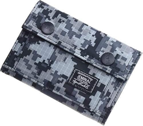 JEMINAL Camouflage Trifold Wallet for Young Adults, Waterproof Nylon Wallet with Snap Closure, Zipper Coin Pocket & Card Slots, Lightweight Outdoor Wallet (Grey Digital Camo)
