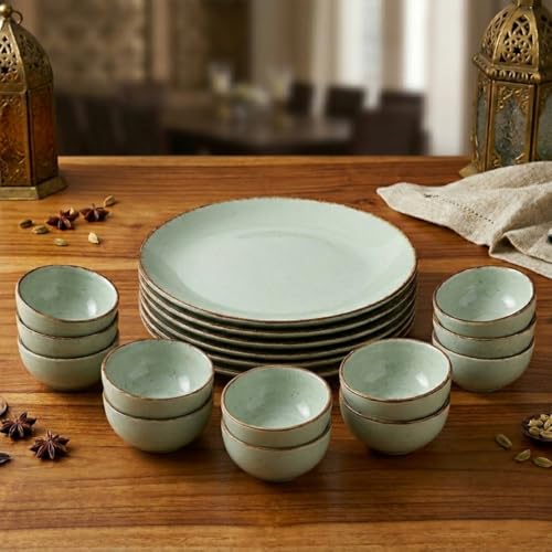 Image of The Earth Store Glossy Mint Marble Ceramic Dinner Set of 18 Pieces Serving for 6, Microwave and Dishwasher Safe Plates & Bowls for Dining, Bone-Ash Free Crockery Set for Dining and Gifting