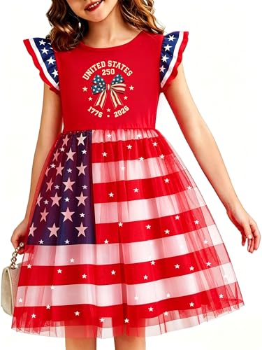 Image of Girls 4th of July Dress American Patriotic Outfit USA Independence Day Clothes Flutter Sleeve Tulle Tutu Dress 5-14y