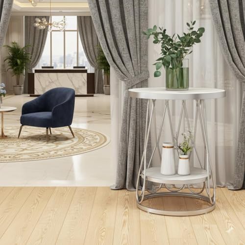 Image of Modern Side Table Corners Living Room Square Table Double Tier Sofa Side Table,Round Base Coffee Table,Portable Bedroom Nightstands Small Space (1WHITE Grey)