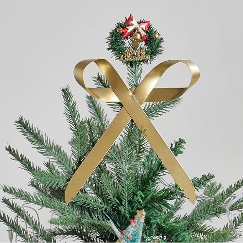 FESTGLOX Golden Bow for Christmas Tree Topper, Metal Gold Bow with Clip for Xmas Tree, Wreaths, Garland Decor, Elegant Festive Decoration