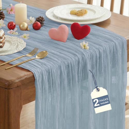 IVAPUPU 2 Pcs Cheesecloth Table Runner - 10ft Dusty Blue Boho Gauze Cheese Cloth Table Runners for Baby Shower Decoration Wedding Party Summer Garden Farmhouse