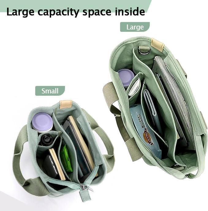 Image of Small Tote Bag with Zipper, 2024 Canvas Multi-Pocket Crossbody Bag Shoulder Bag Satchel Hobo Bag Messenger Bag