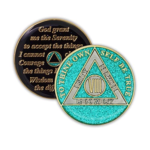 Image of 8 Year Sobriety Coin | Glitter Triplate AA Chip | Recovery Anniversary Token (Aqua)