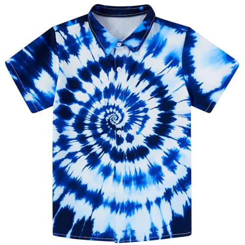 Image of uideazone Boys Tie Dye Button Down Shirt Size 7 Size 8 Cool Funky Shirts Kids Short Sleeve Beach Luau Blouse for Casual Vacation 7-8 Years