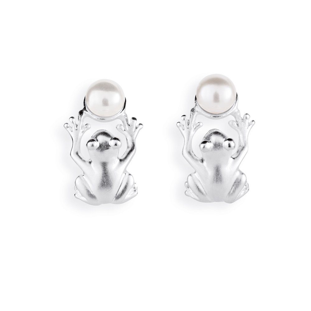 Drachenfels DesignDrachenfels Women's Stud Earrings-Frog Design - 925 Sterling Silver-Matte Pearl Brilliant White Freshwater-Cultured PEARL-D FR 25 / AG