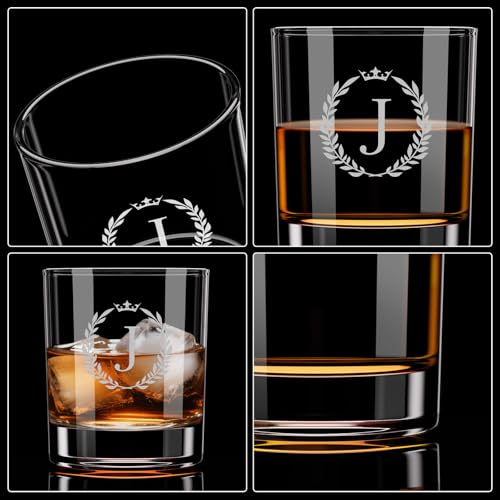Image of Fathers Day Gift for Dad Husband Grandpa, Personalized Whiskey Glasses Gifts for Men, Custom Engraved A-Z Bourbon Rocks Glass, Unique Birthday Gifts for Men Him from Daughter Son Wife,10.6 oz (J)