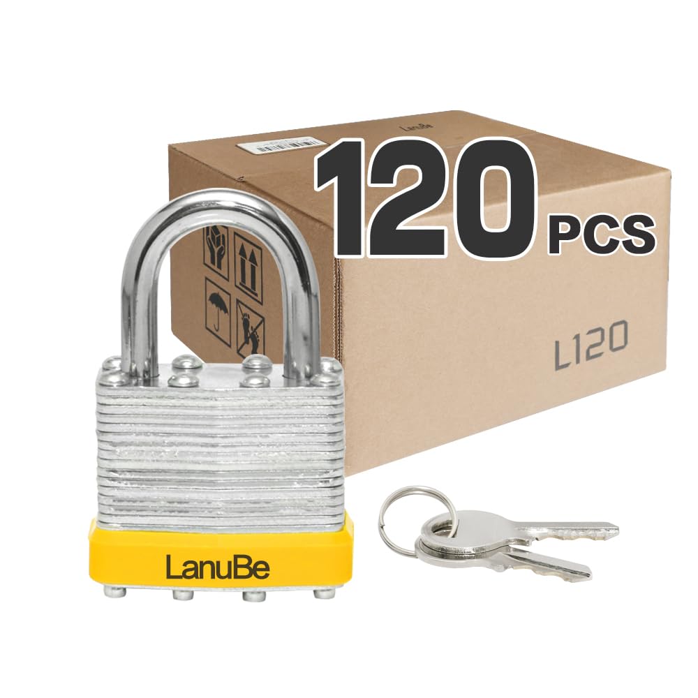 LanuBe Lucchetto laminato con chiave (40 mm), con chiave uguale, anello normale, cerchio in plastica gialla, confezione da 120