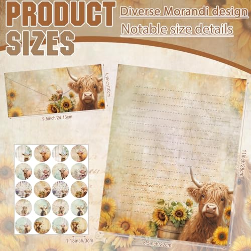 Image of TaoBary 160 Pcs Floral Highland Cow Stationery Paper and Envelopes Set 50 Double Sided Lined Stationery Paper with 50 Envelopes and 60 Round Dot Sticker 8.5 x 11'' Letter Writing Kit, 10 Design