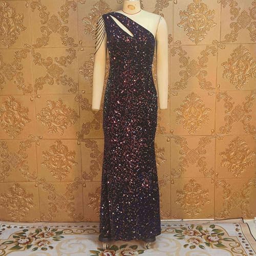 Image of Cololura Women Sequin Elegant Sexy One Shoulder Tassel Mermaid Bodycon Cocktail Evening Dress