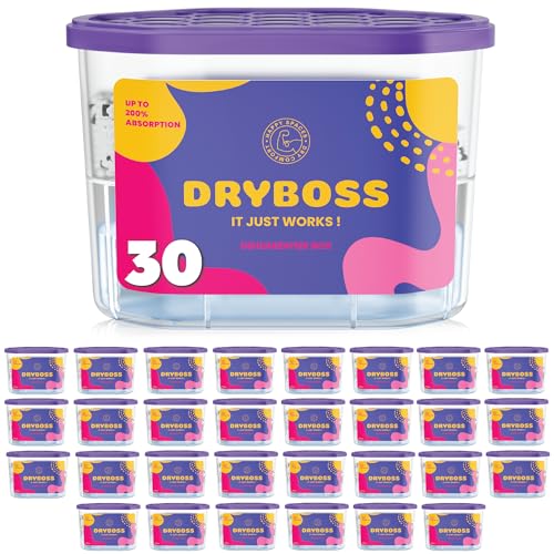 DRYBOSS Pack x 30 Deshumidificador Absorbente Anti Humedades de Armarios, Interior Casa, Cajones, Habitacion, Pared, Coche. Quita Olores y Absorbe Humedades. Previene Condensación. Antihumedad