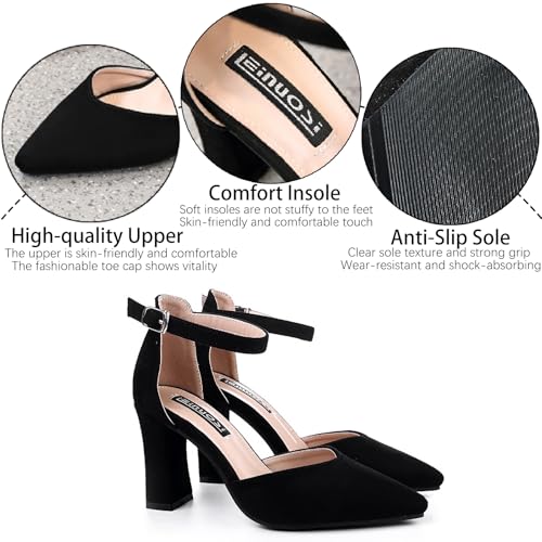 Women's Suede Chunky Heel Pumps with Adjust Ankle Strap Fashion Comfort Closed Pointed Toe High Heels Dress Shoes for Party Prom Wedding D'Orsay Shoes3