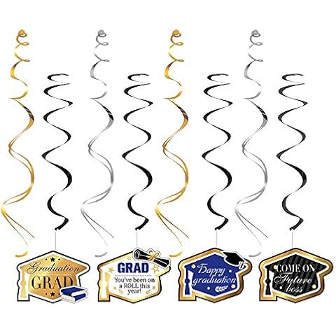 Graduation Hanging Decorations Swirls (30Pack), PERFQU Hanging Ceiling with Black, Gold, and Blue Foil caps for Graduation Party Decorations | Hanging Swirls for College Graduation Decorations 2021 Cover